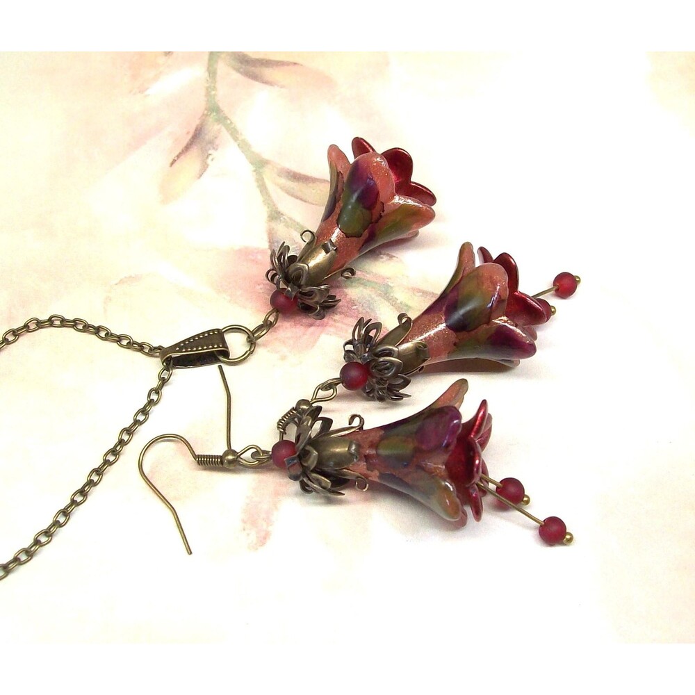 Art Nouveau Jewelry Set, Earrings & Necklace, Antique Bronze, Hand Painted, Arti